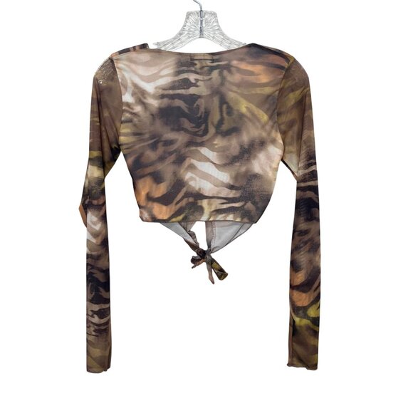 PrettyLittleThing Long Sleeve Cropped Shirt Womens Brown Size 2 Tie Abstract - Picture 2 of 8